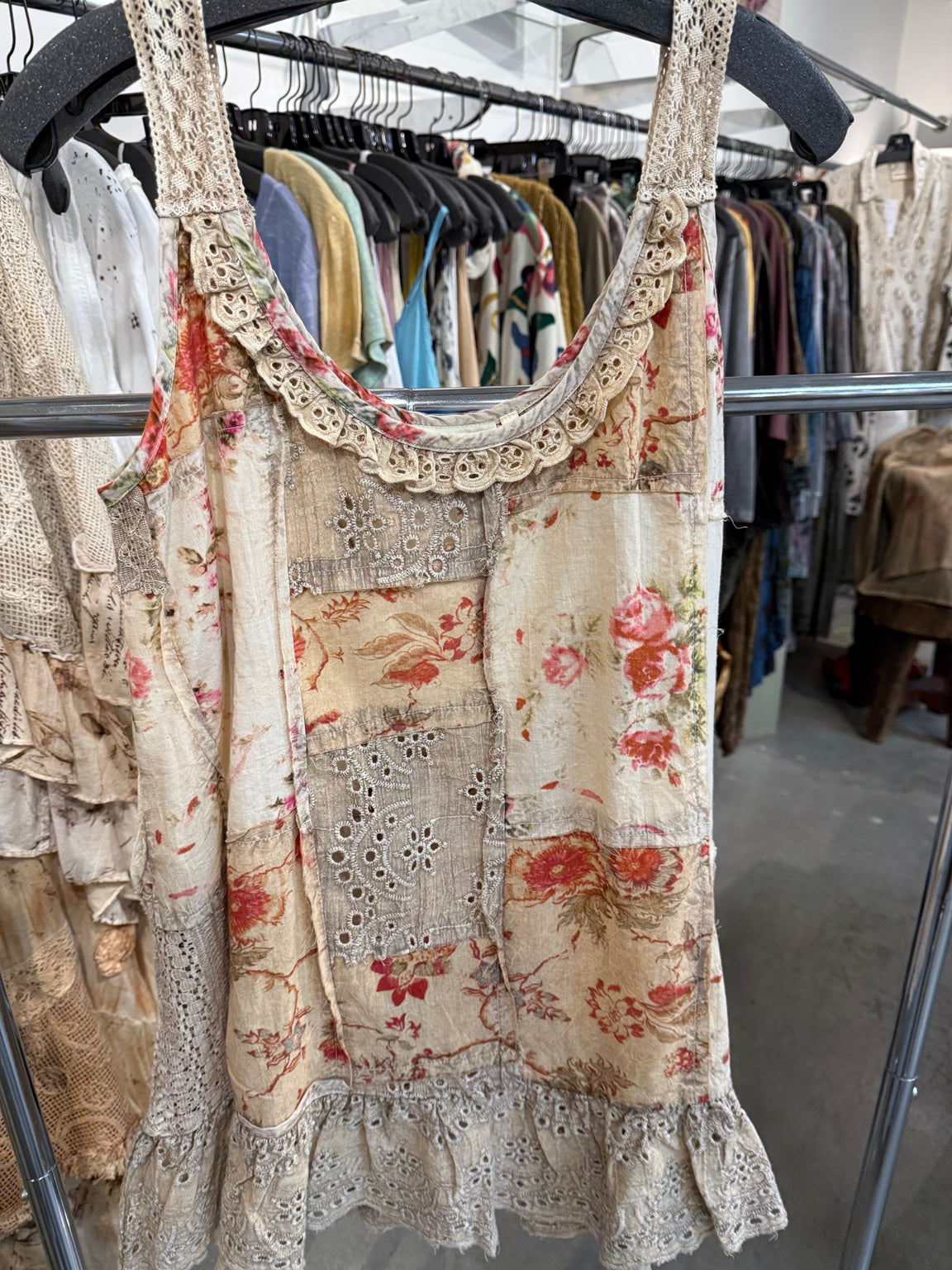 Paper Lace floral patchwork tank with lace straps and ruffled eyelet hem