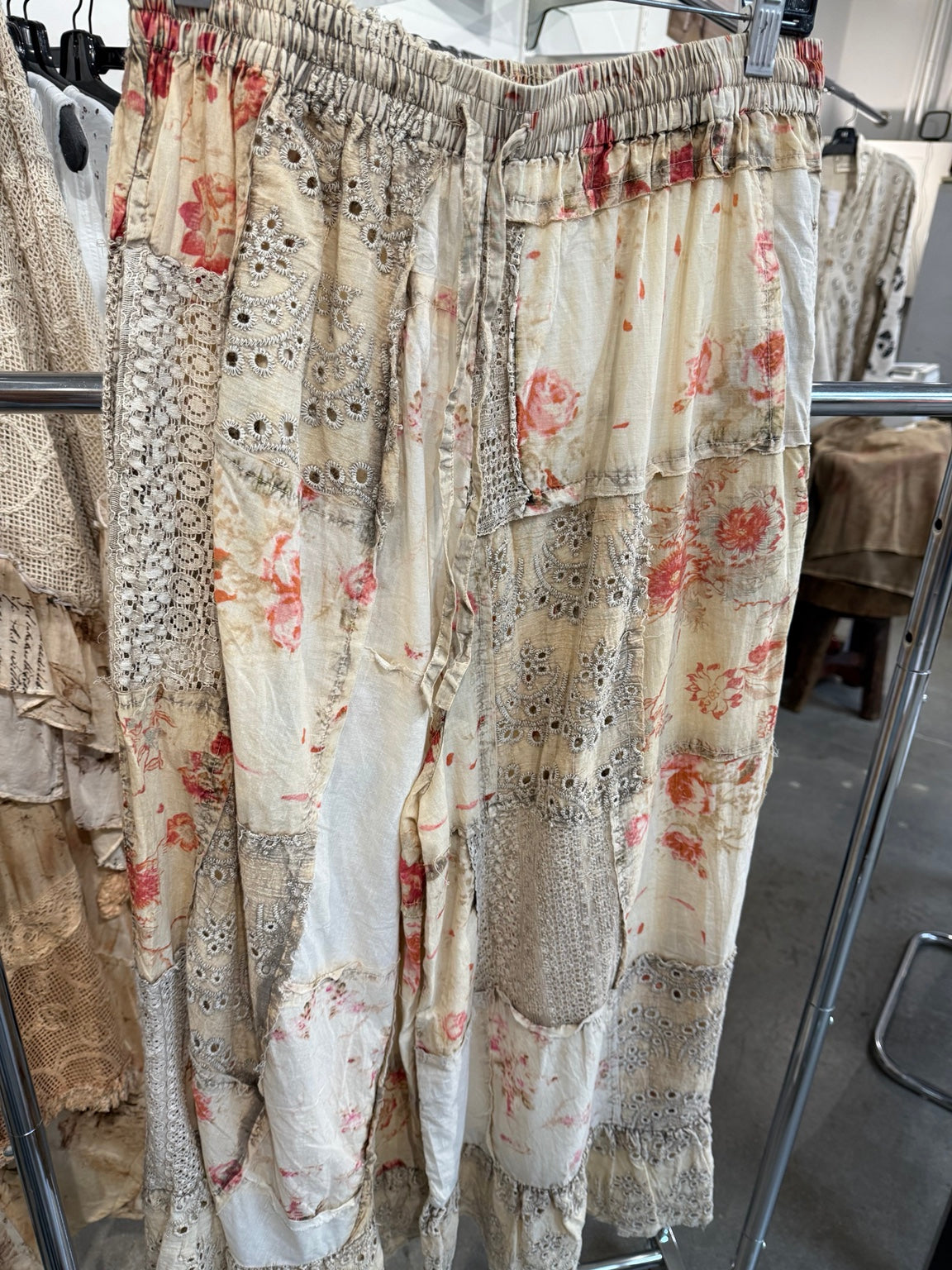Paper Lace cream ivory floral patchwork pants with lace panels and ruffled eyelet hems