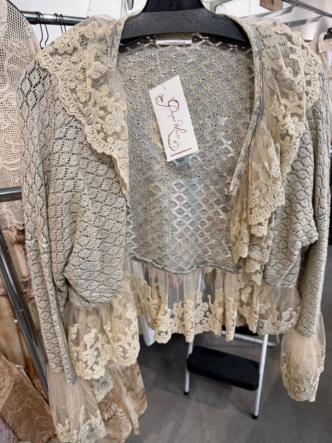 Paper Lace khaki open front cardigan with floral lace trim