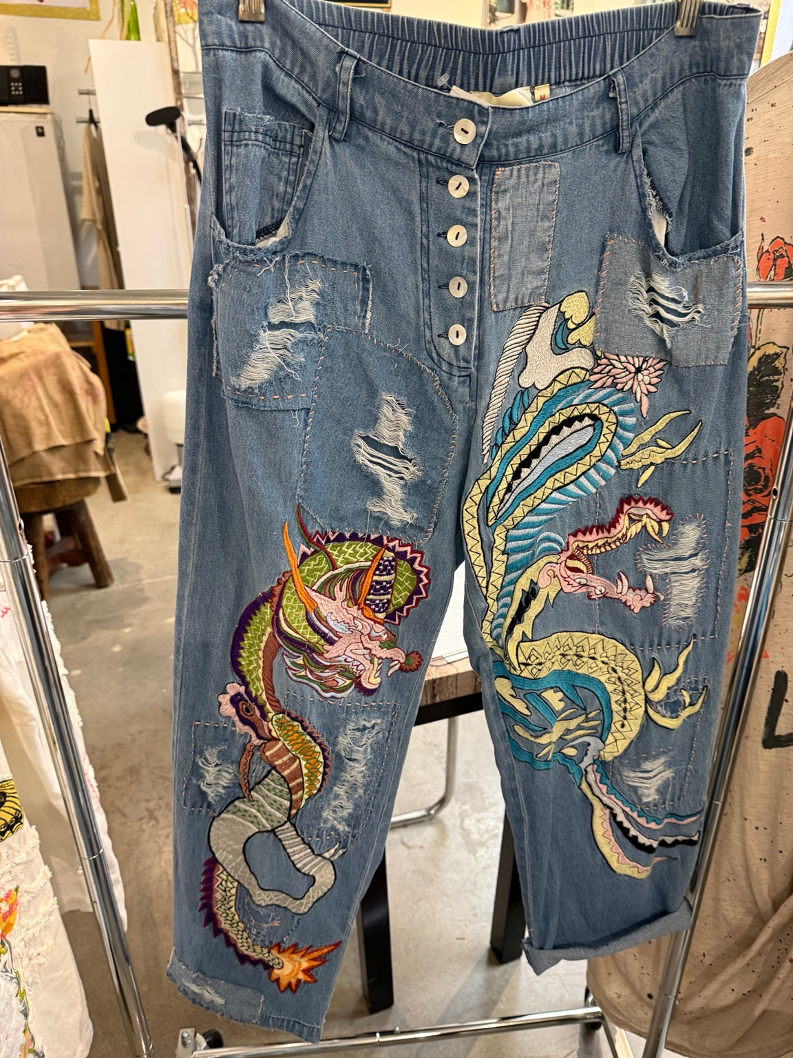 Front of Paper Lace PL-C198P light blue embroidered dragon patchwork jeans