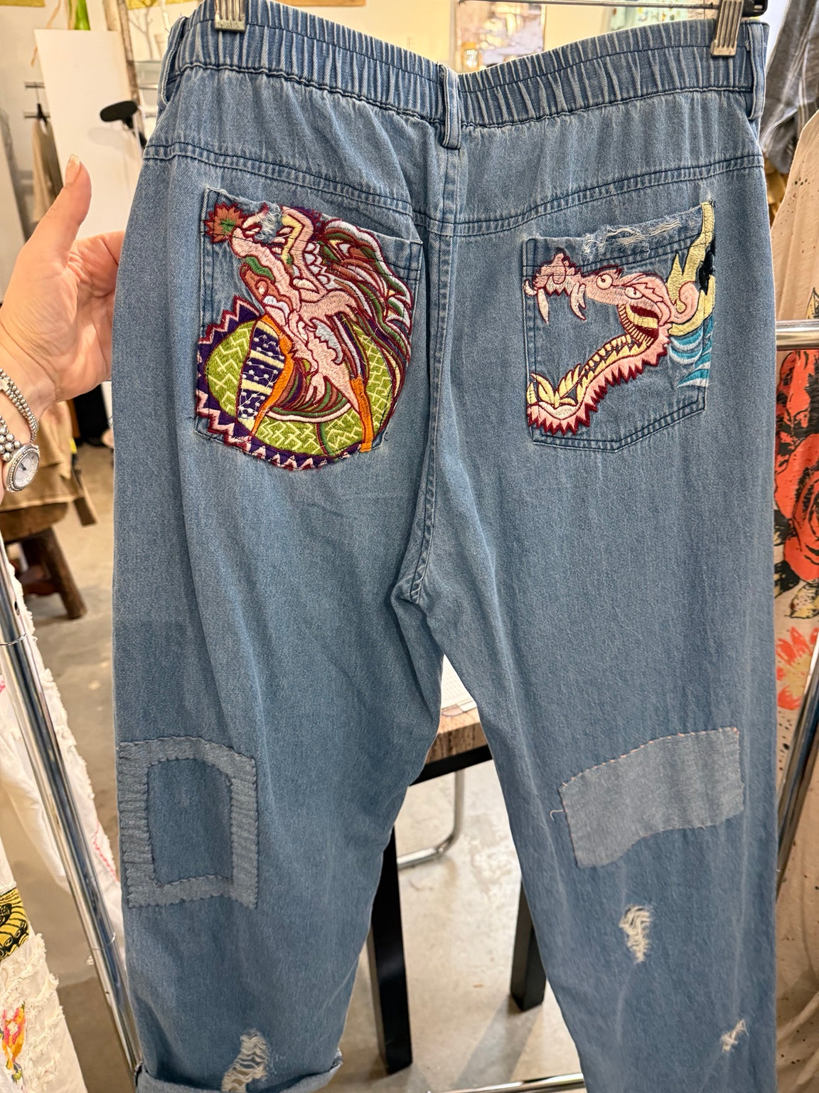 Back of Paper Lace PL-C198P light blue embroidered dragon patchwork jeans