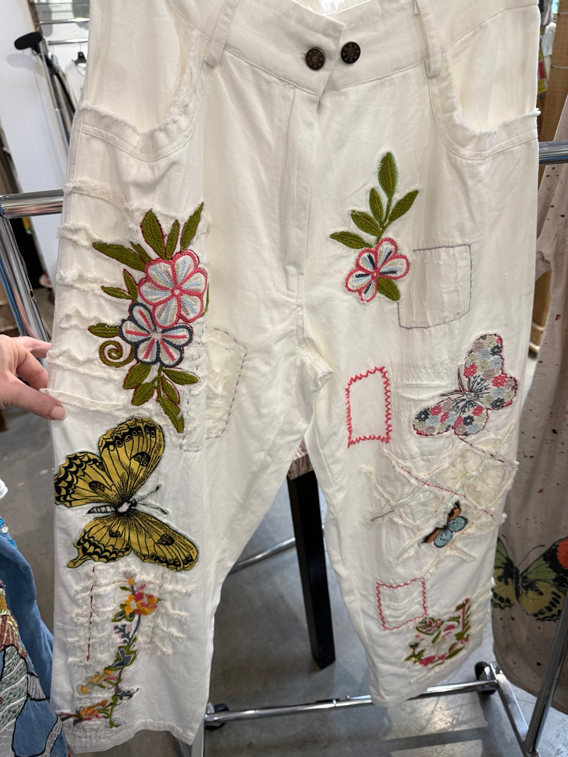 Paper Lace PL-G776P white butterfly and floral patchwork pants