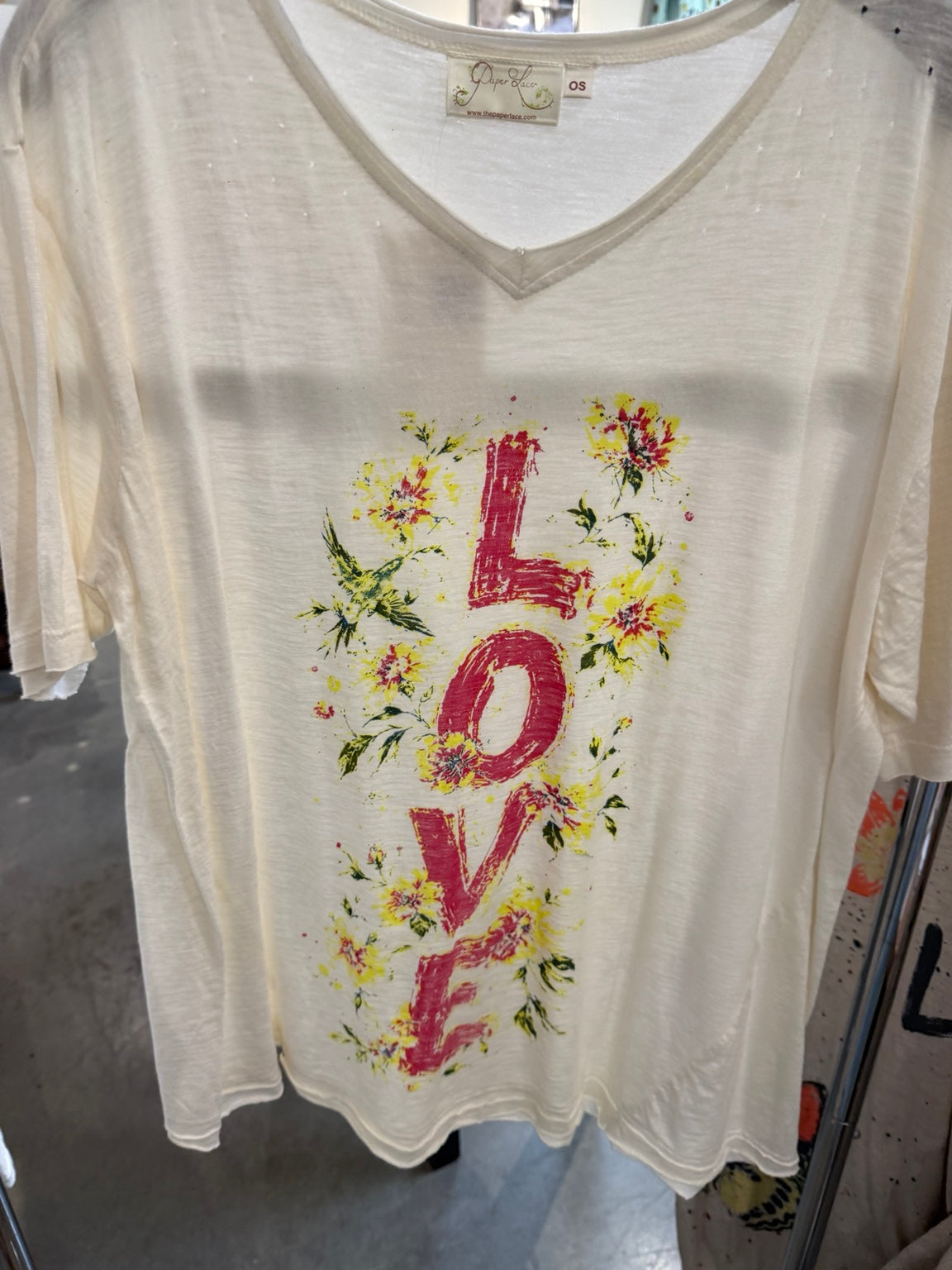 Paper Lace PL-G713T off-white V-neck tee with pink LOVE lettering and yellow flowers
