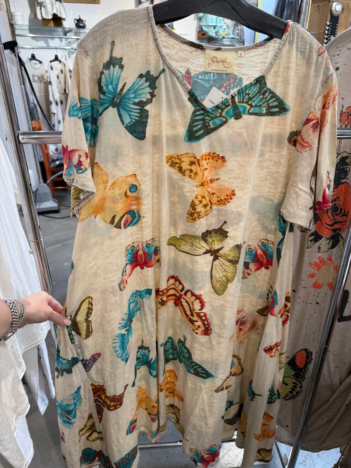 Paper Lace PLC-174D printed cream V-neck dress with colorful butterflies
