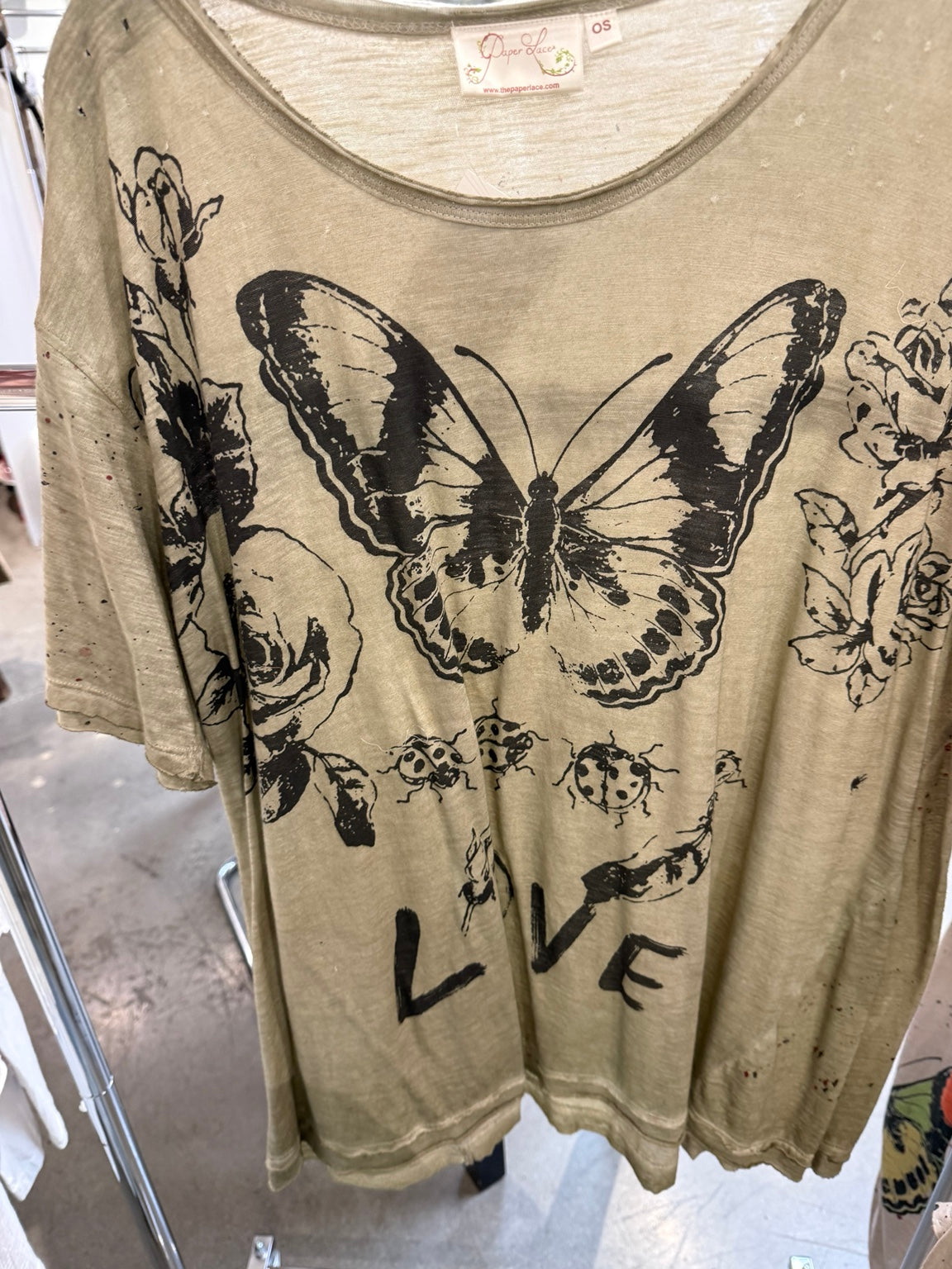 Paper Lace PL-G717T spring olive butterfly and roses graphic tee