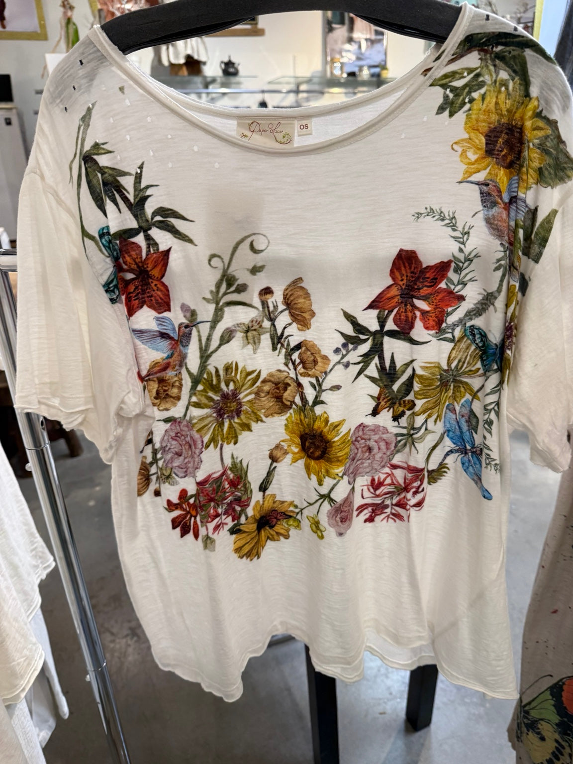 Paper Lace PL-G789T white floral hummingbird tee
