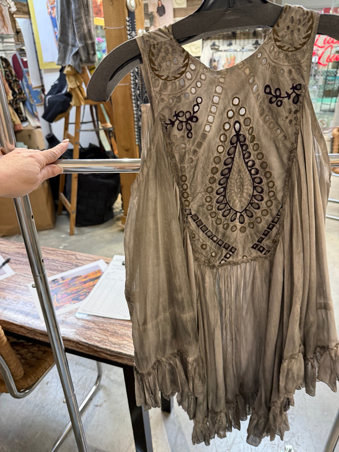 Paper Lace PL-R437D washed grey embroidered flare top