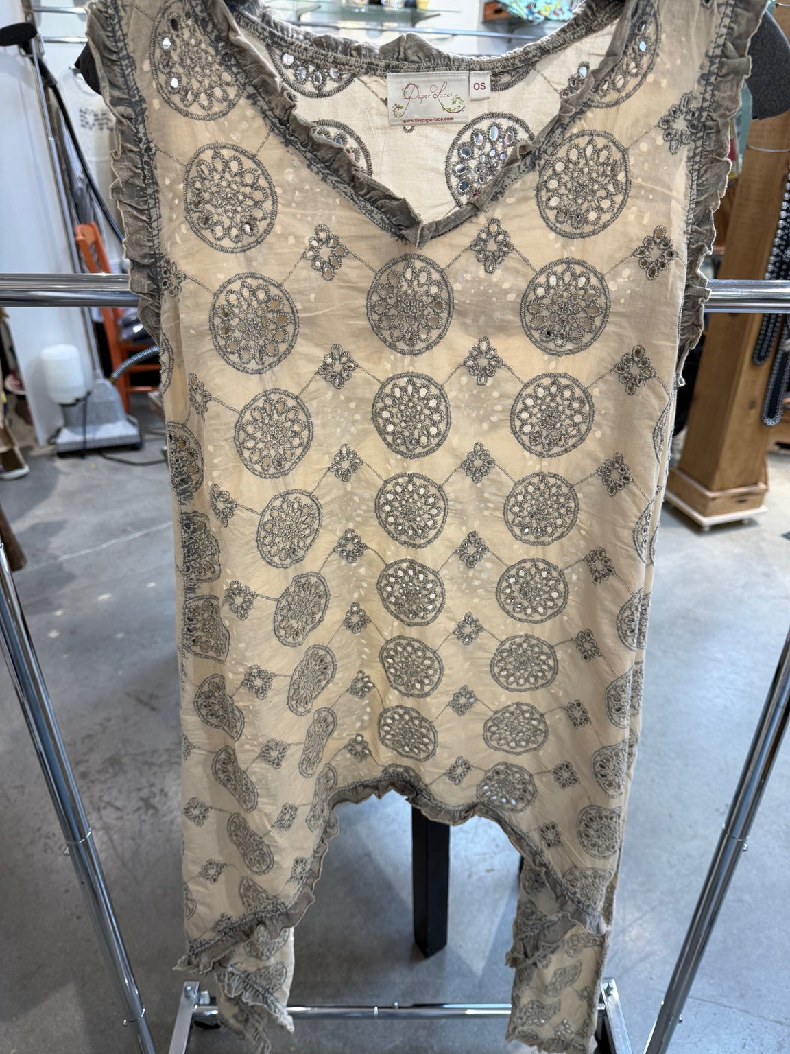 Paper Lace PL-G757D beige eyelet dress with medallion embroidery and handkerchief hem