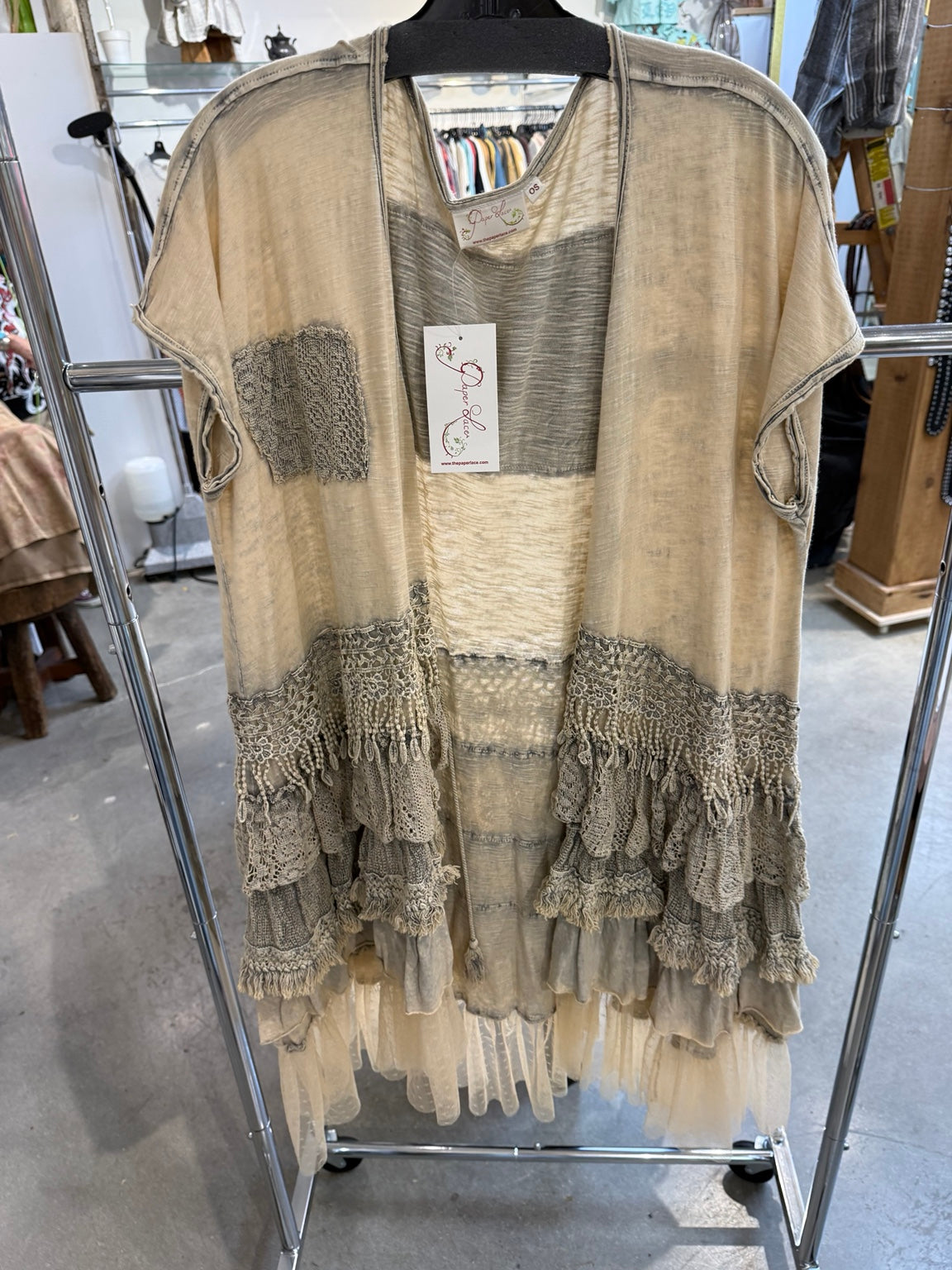 Paper Lace PL-G732 Natural open-front duster with layered lace, fringe and ruffles