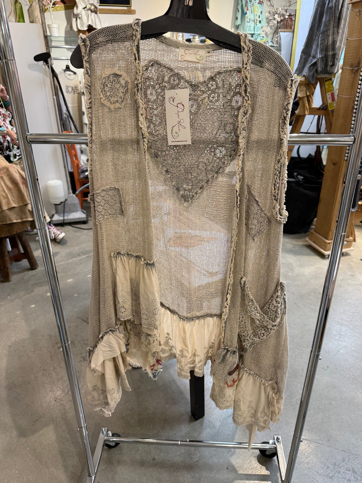 Paper Lace PL-G734J Tye Dye open mesh vest with lace patches and eyelet ruffle hem