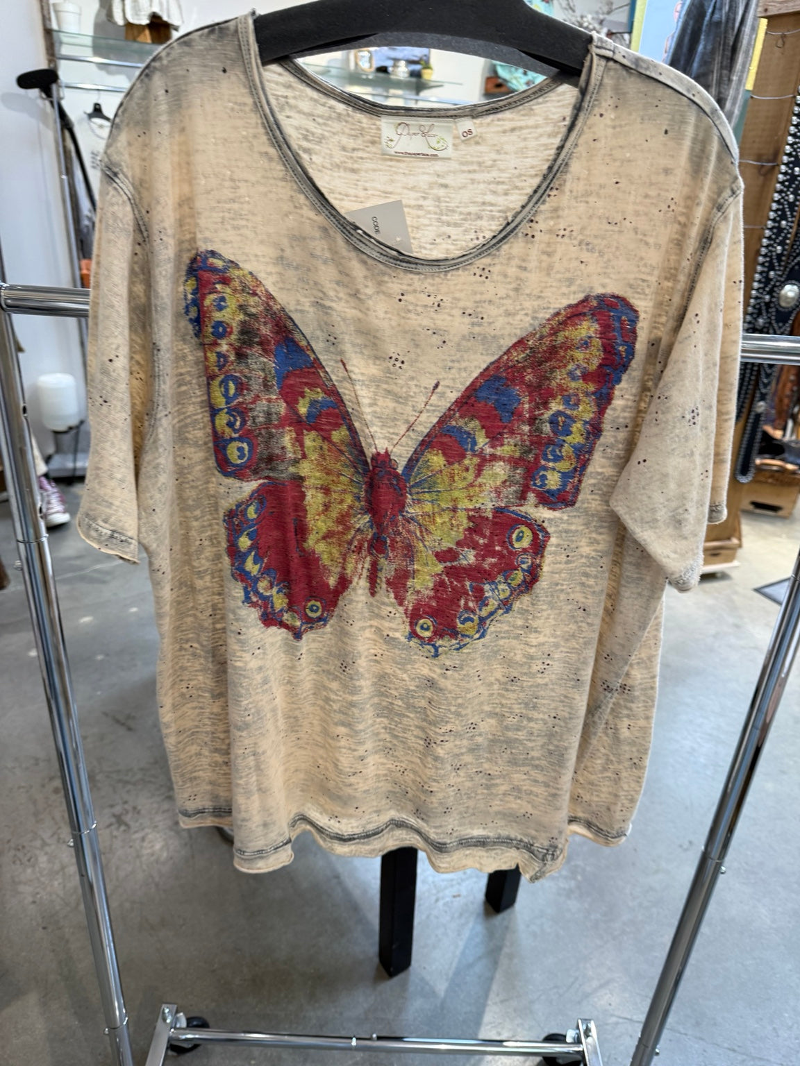 Paper Lace PL-G755T beige washed tee with colorful butterfly graphic