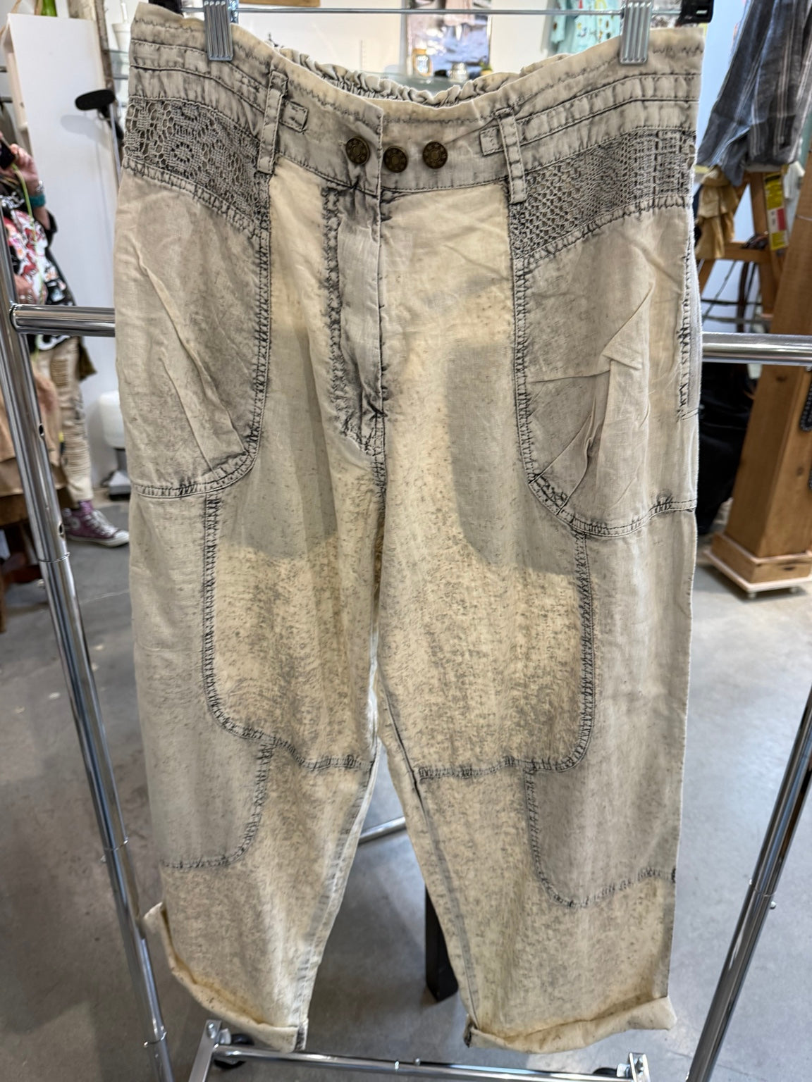 Paper Lace PL-G706P beige washed pants with lace insets and curved seam details
