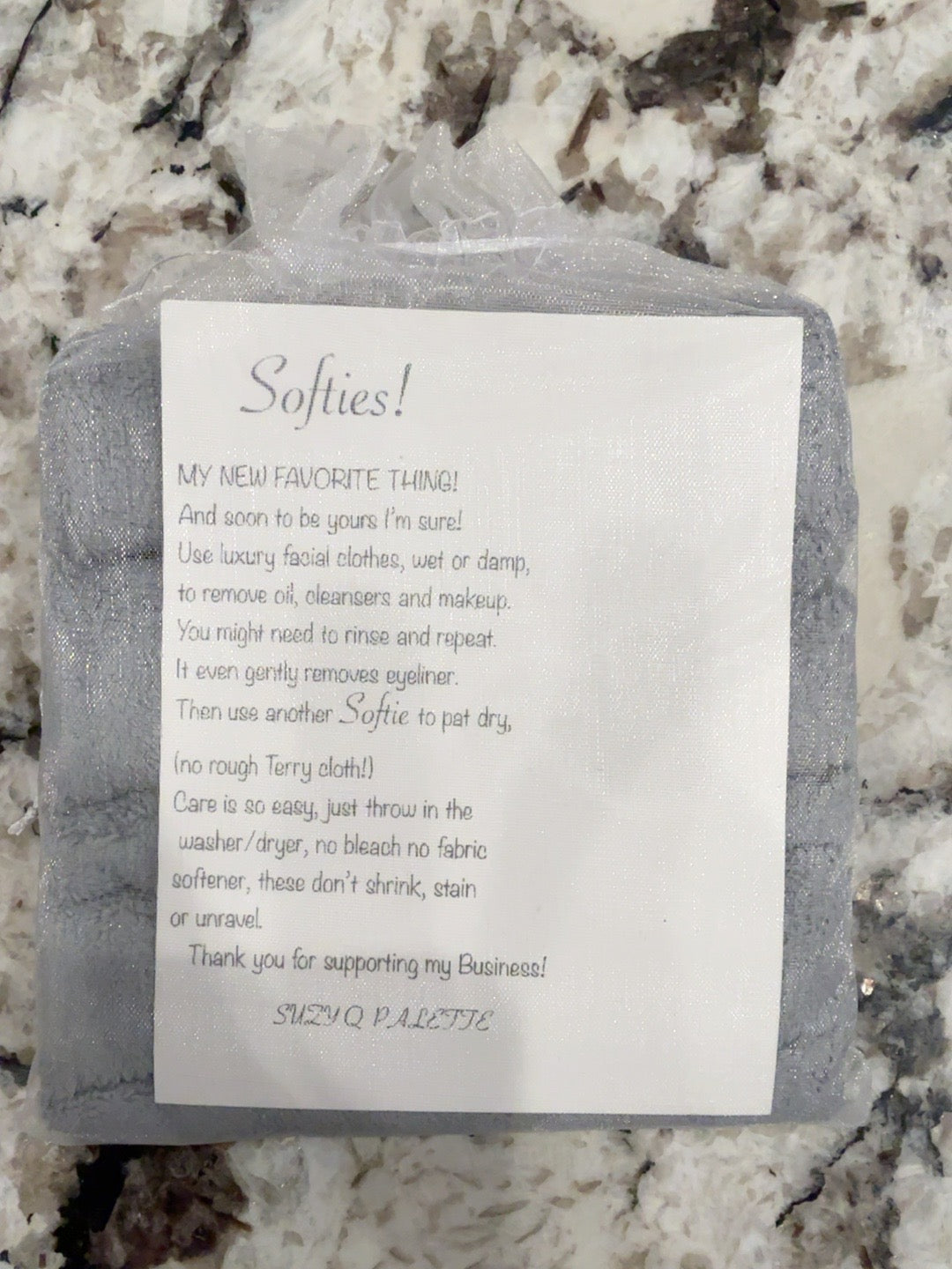 Softies facial cleansing cloth three-pack in gray with care instruction card