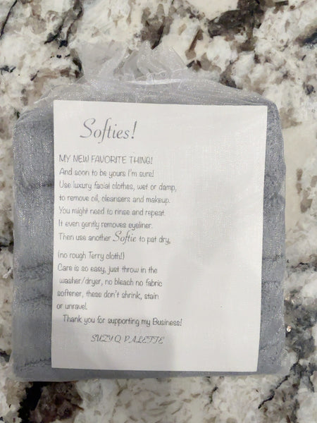 Softies facial cleansing cloth three-pack in gray with care instruction card