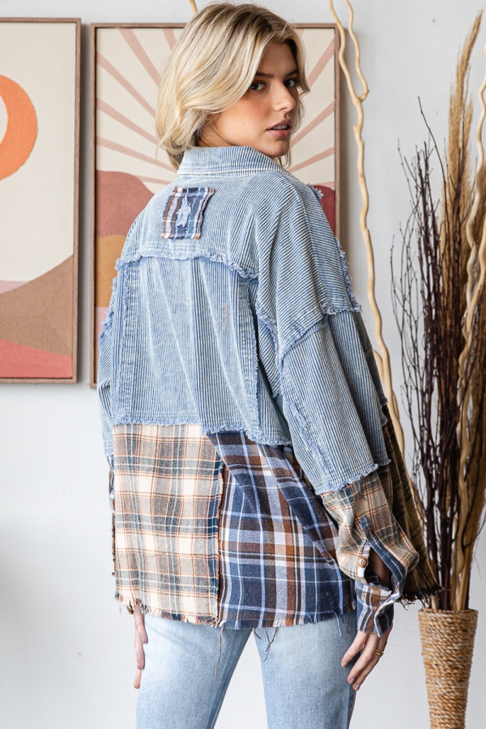 oli and hali washed denim plaid color block Jacket – Felecia Bella