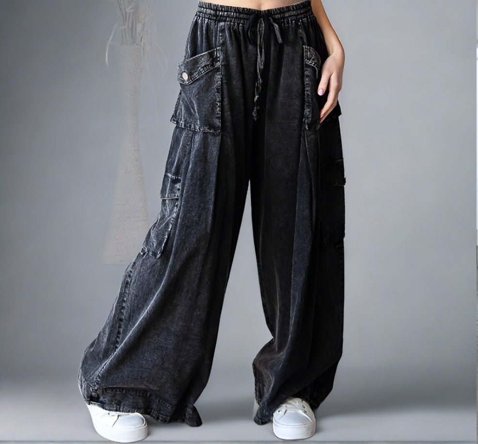 WASHED 3D POCKET SLOUCHY WIDE LEG PANTS