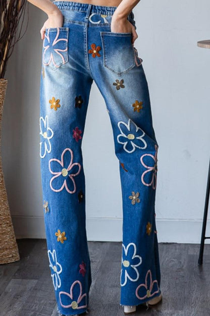 OLI AND HALI FLOWER EMBROIDERY DENIM PANTS