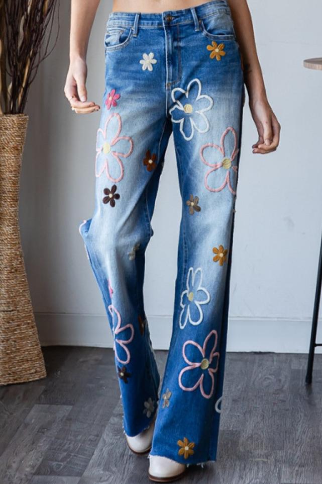 OLI AND HALI FLOWER EMBROIDERY DENIM PANTS