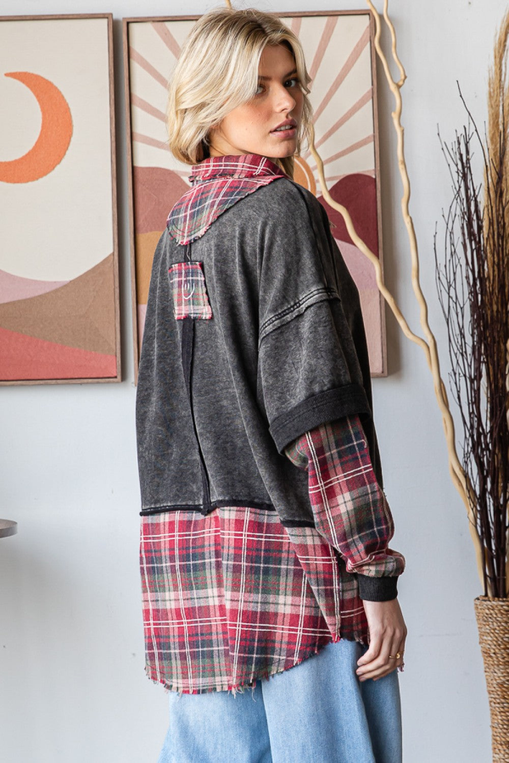 OLI AND HALI WASHED PLAID DETAILED TOP