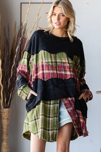 OLI AND HALI WASHED PLAID PATCHWORK TUNIC TOPS