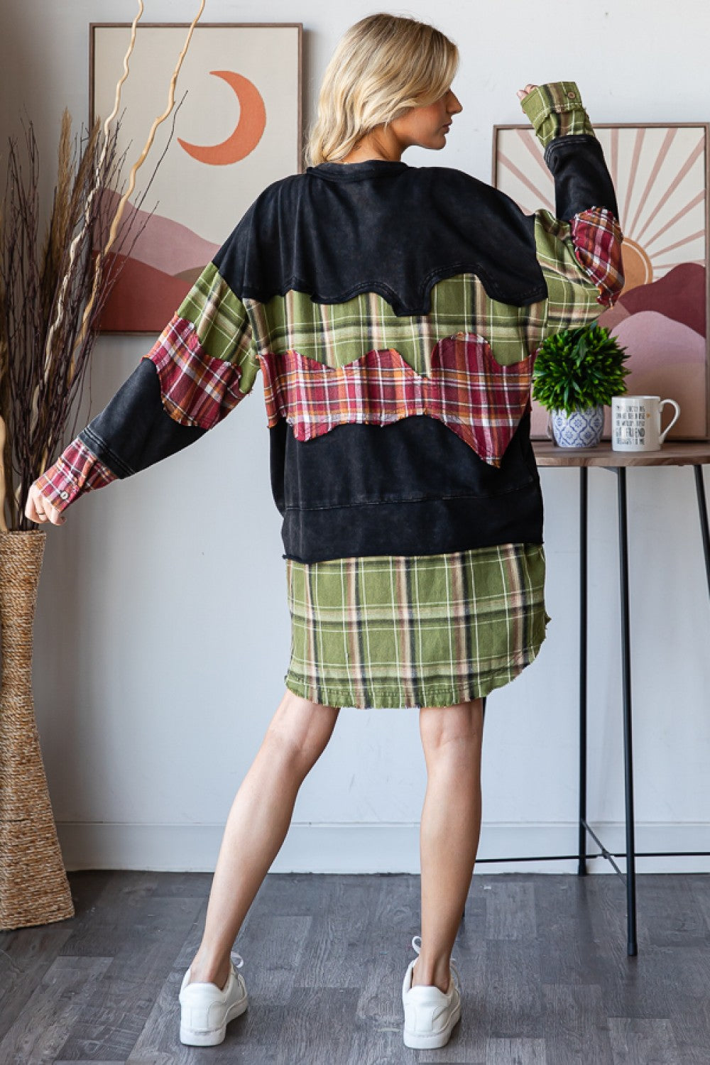 OLI AND HALI WASHED PLAID PATCHWORK TUNIC TOPS