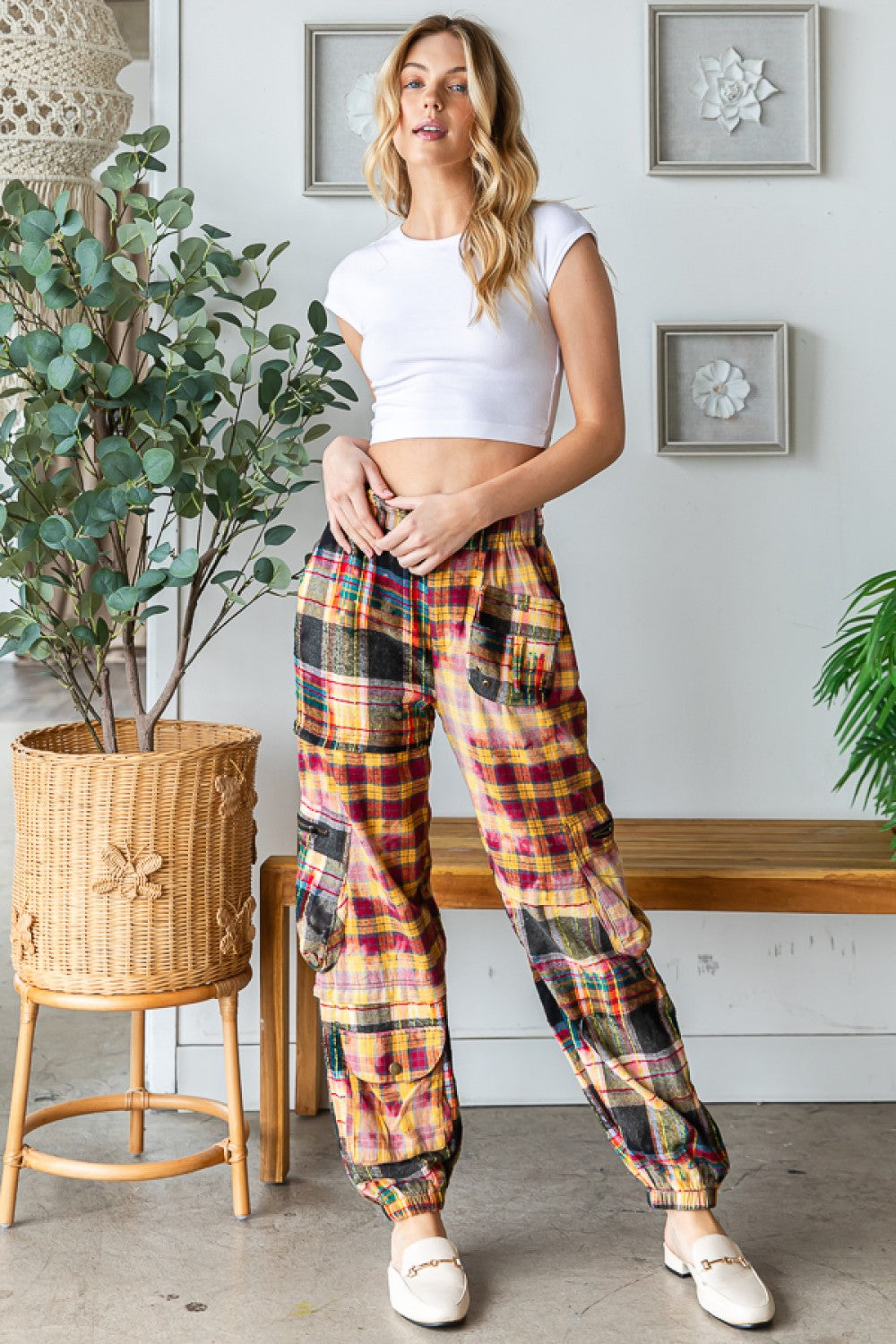 MULTI POCKET PLAID PATCHWORK PANT