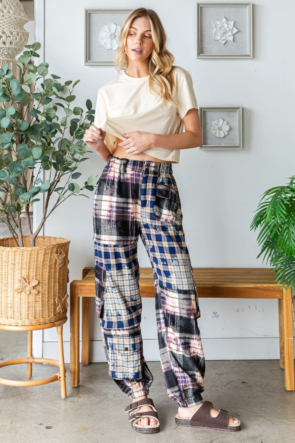 MULTI POCKET PLAID PATCHWORK PANT