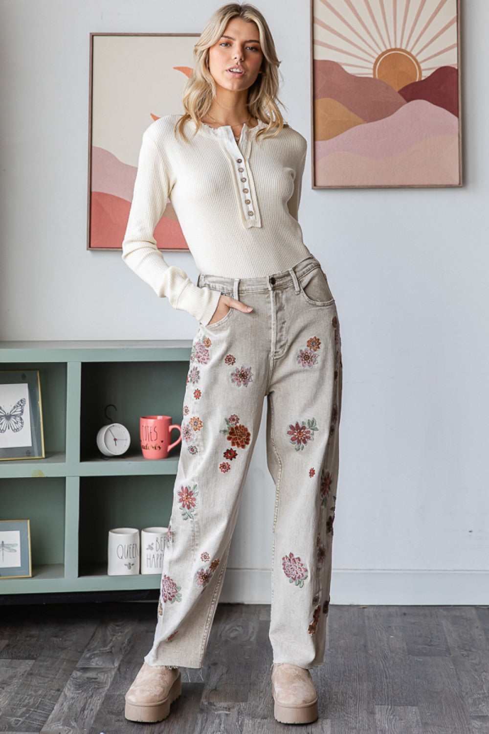 OLI AND HALI FLORAL EMBROIDERED GREY JEANS