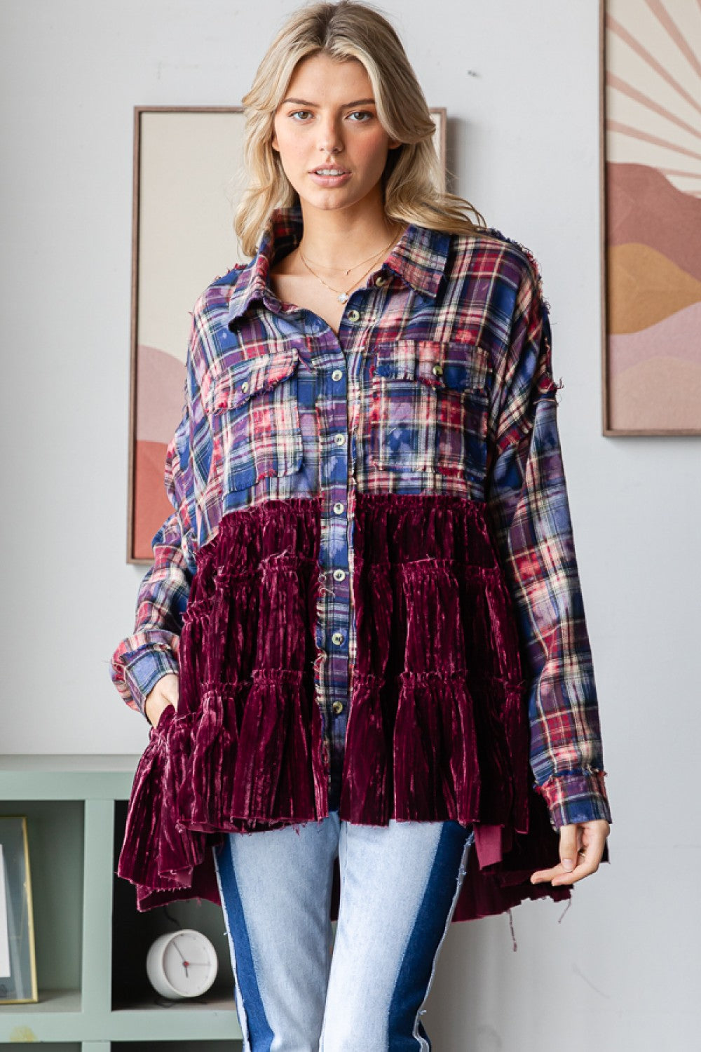 OLI AND HALI BLEACHED PLAID SHIRT WITH VELVET TIERED