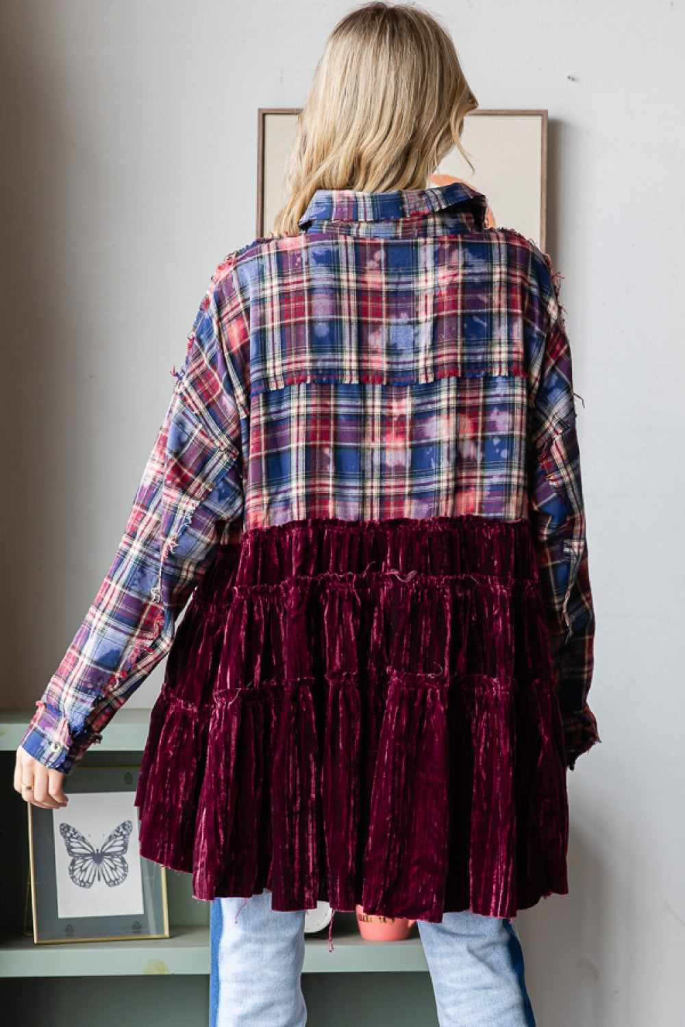 OLI AND HALI BLEACHED PLAID SHIRT WITH VELVET TIERED