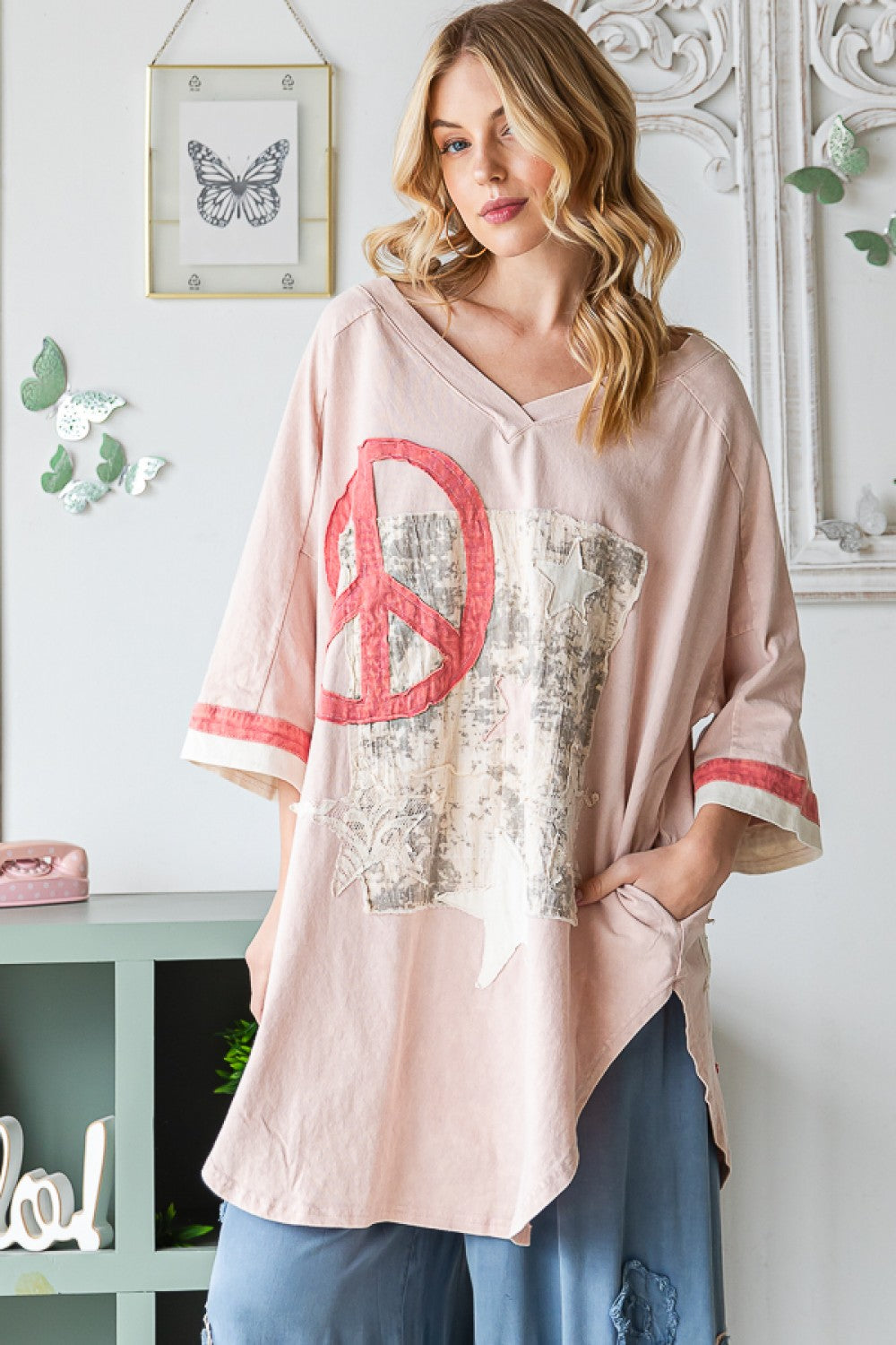 Washed Peace and Star Applique Long Top