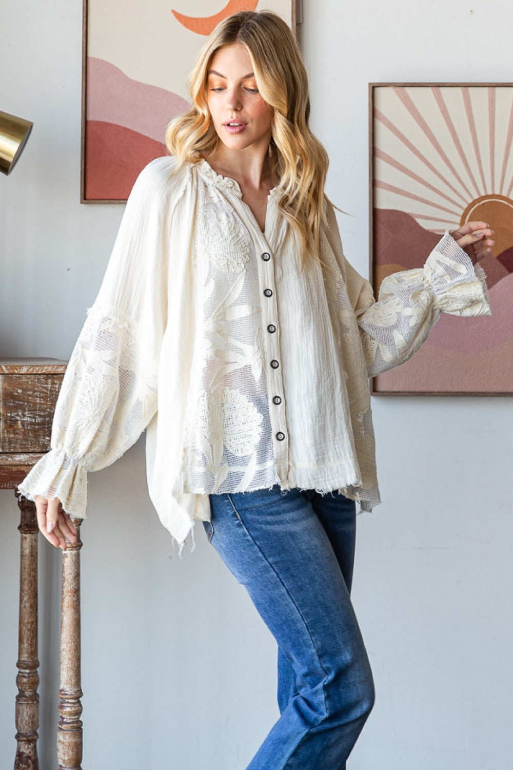 EMBROIDERD LACE BUTTON FRONT BLOUSE