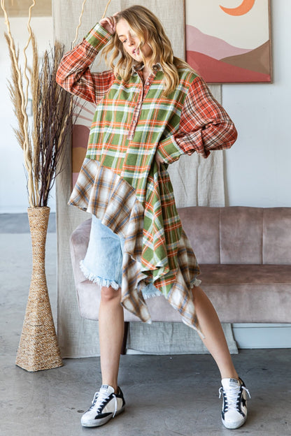 WASHED PLAID MIX ASYMMETRICAL HEM SHIRT