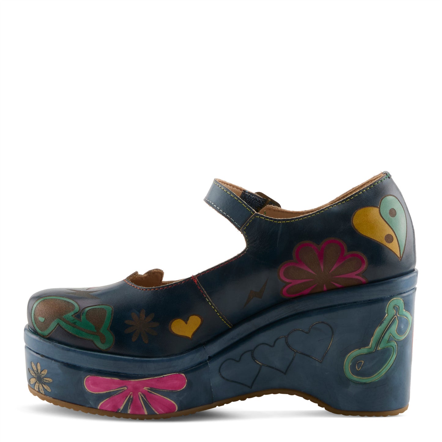L'Artiste Peacenluv platform Mary Jane wedge side view navy multi