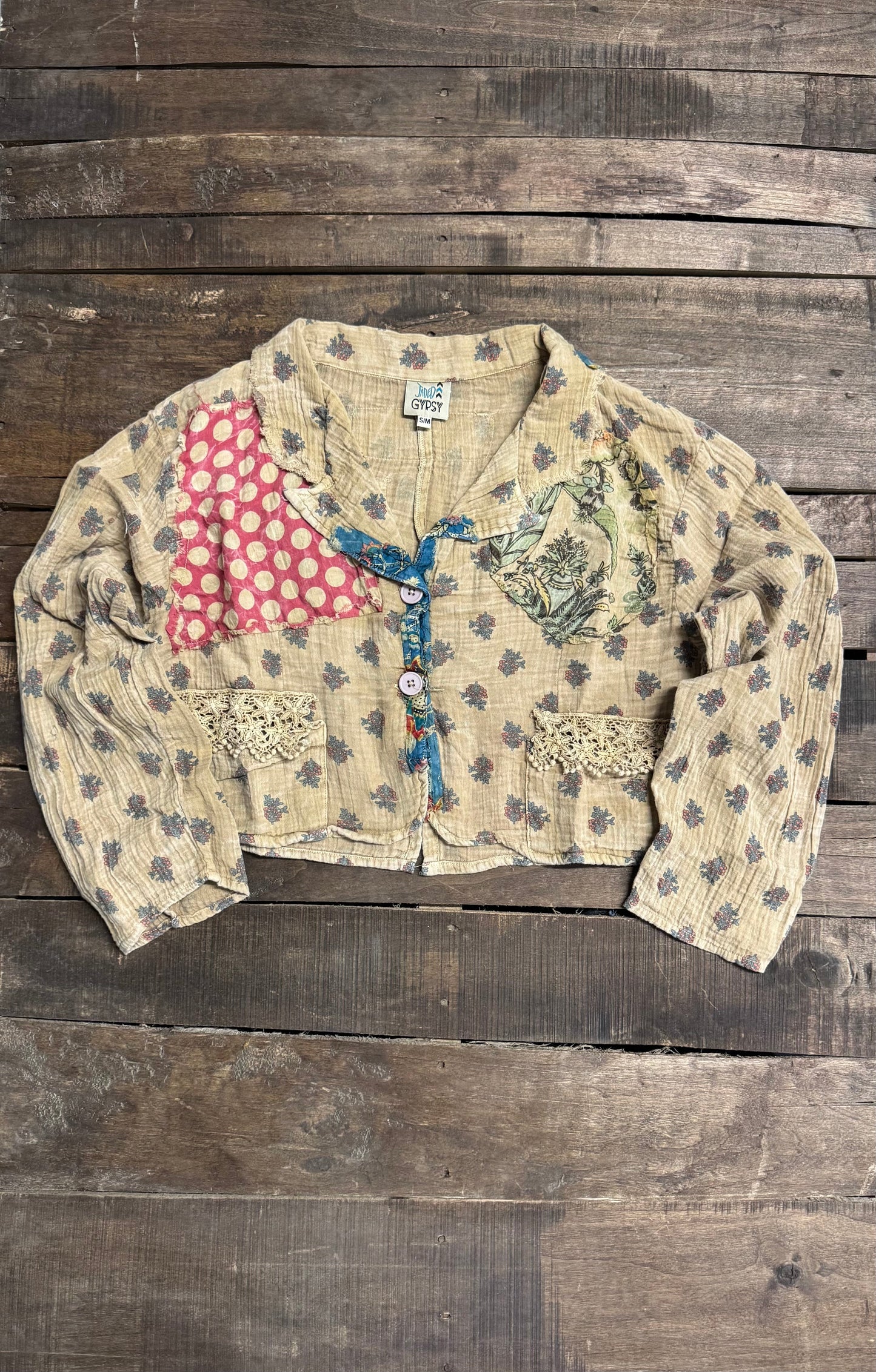 Jaded Gypsy Moon Bloom Jacket in cream gauze with patchwork accents and crochet lace trim