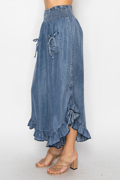 ORIGAMI CHAMBRAY ELASTIC WAIST BLOOMER PANTS WITH POCKETS