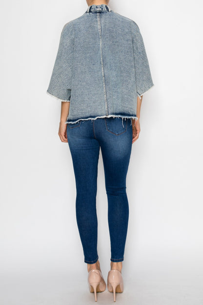 Oragami DENIM JACKET WITH SPARKLY MESH DETAILS