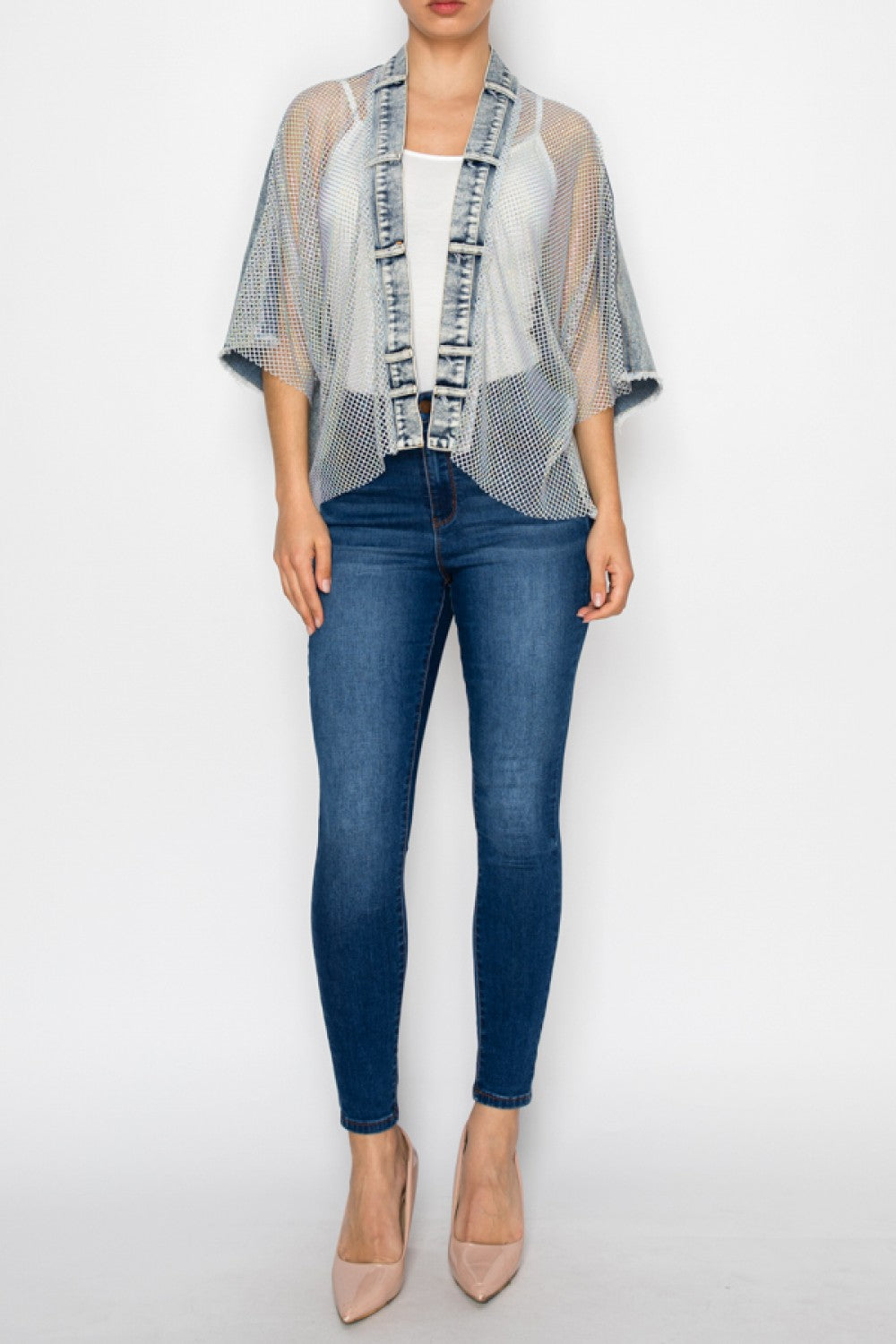 Oragami DENIM JACKET WITH SPARKLY MESH DETAILS