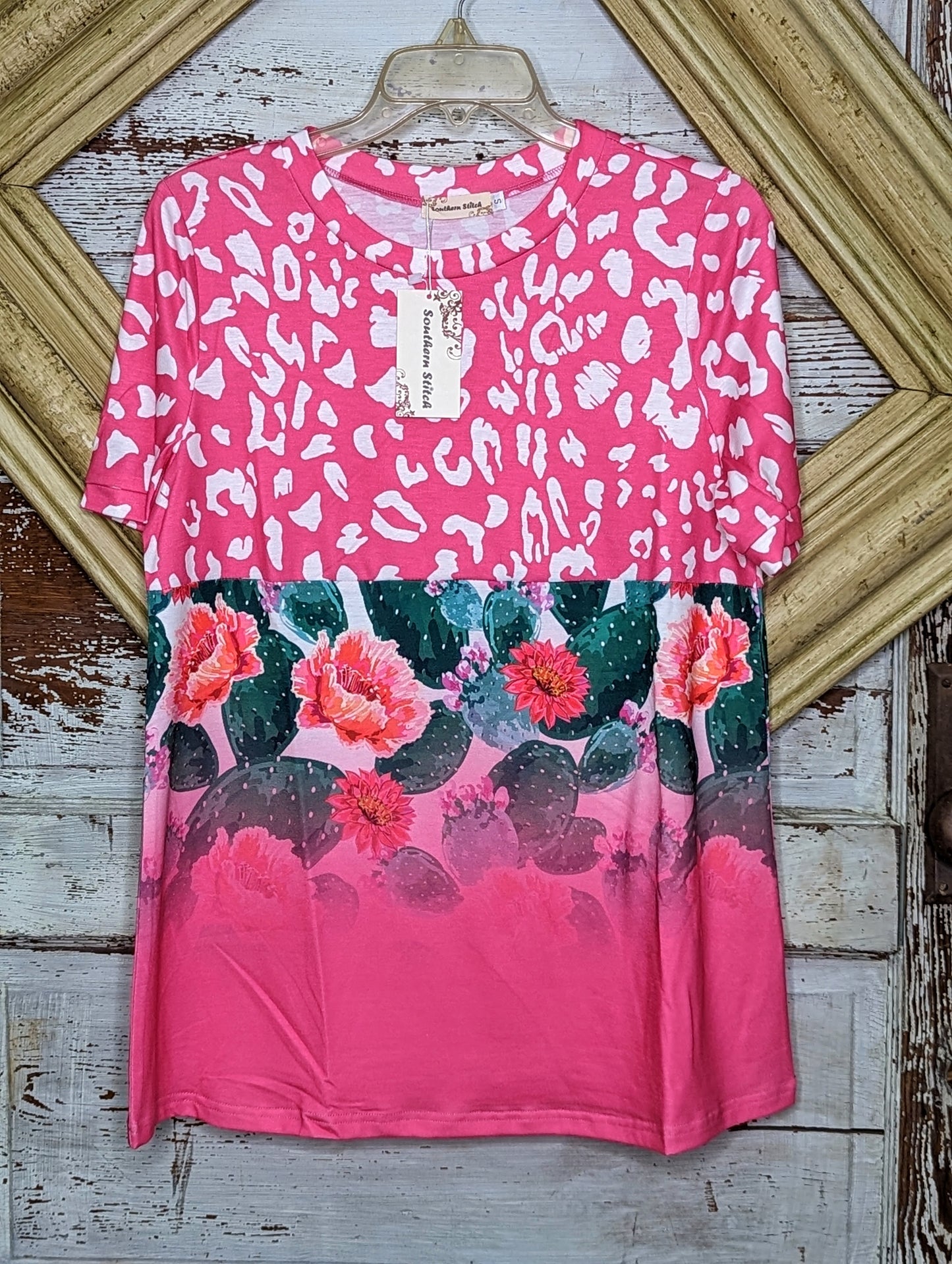 Pink Leopard & Floral Color Block Short Sleeve Top