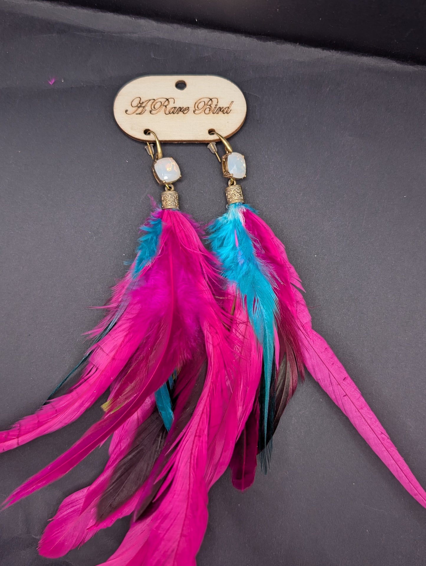 A Rare Bird Pink Feather Earings With White Opal
