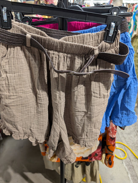 I Love Linen Mocha Shorts with Belt - crinkle gauze taupe shorts with woven belt on hanger