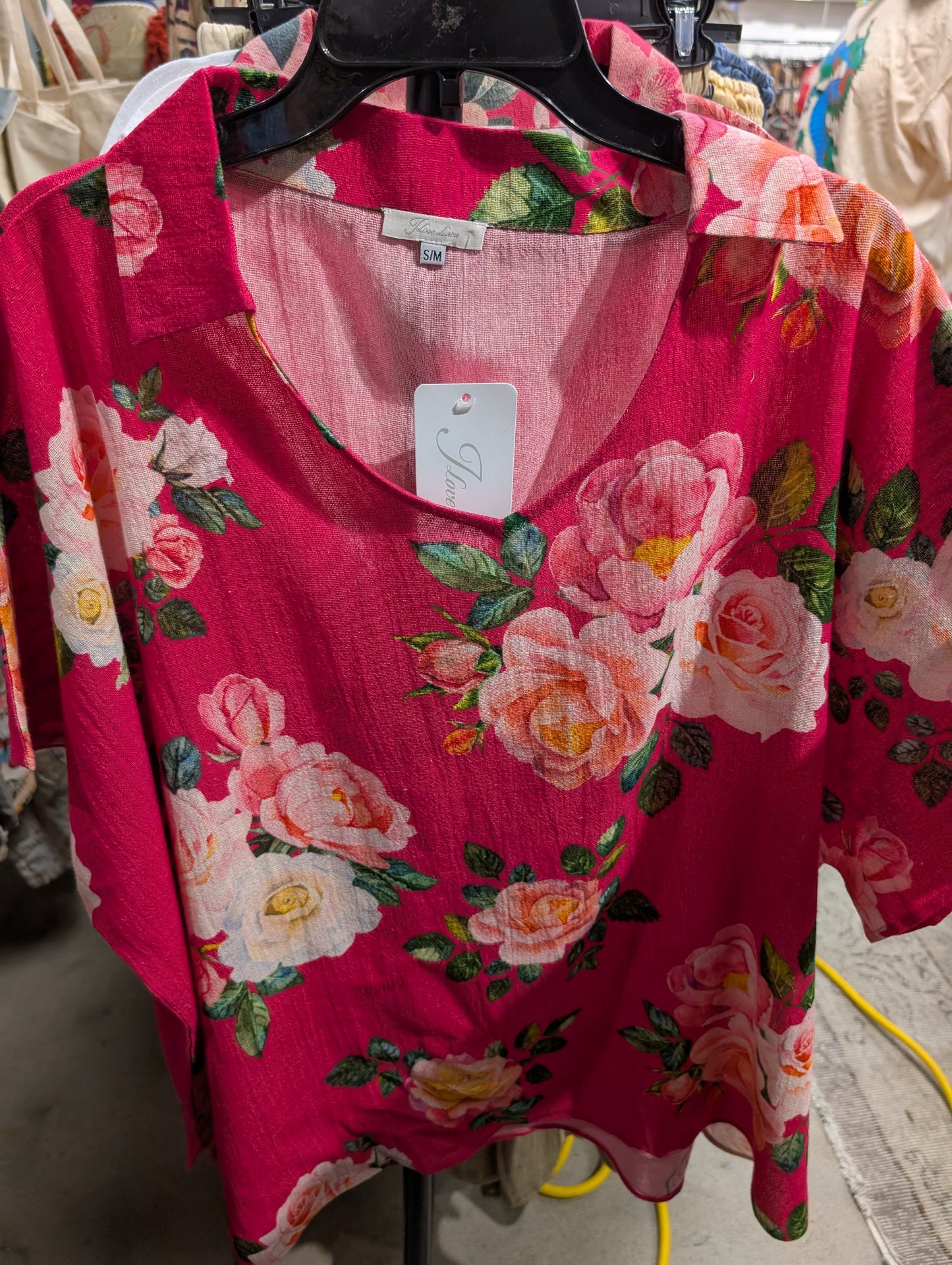 Pre order I Love linen #Collar top pink with roses (R297 Pink+R249)