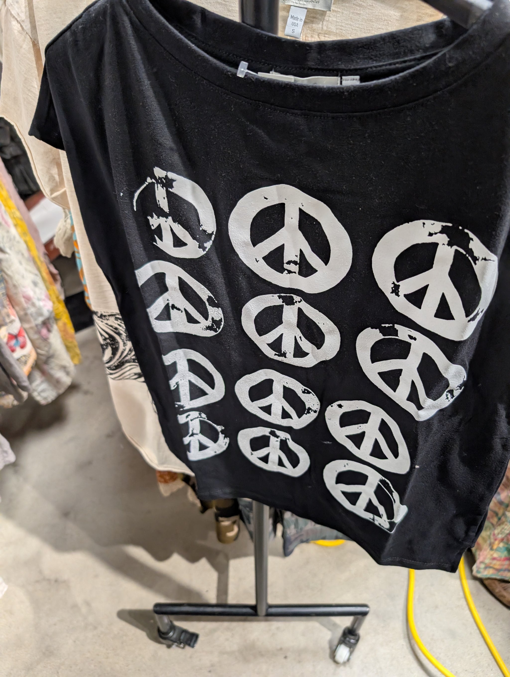 I Love Linen Graphic Tee - black boxy tee with all-over white distressed peace sign print