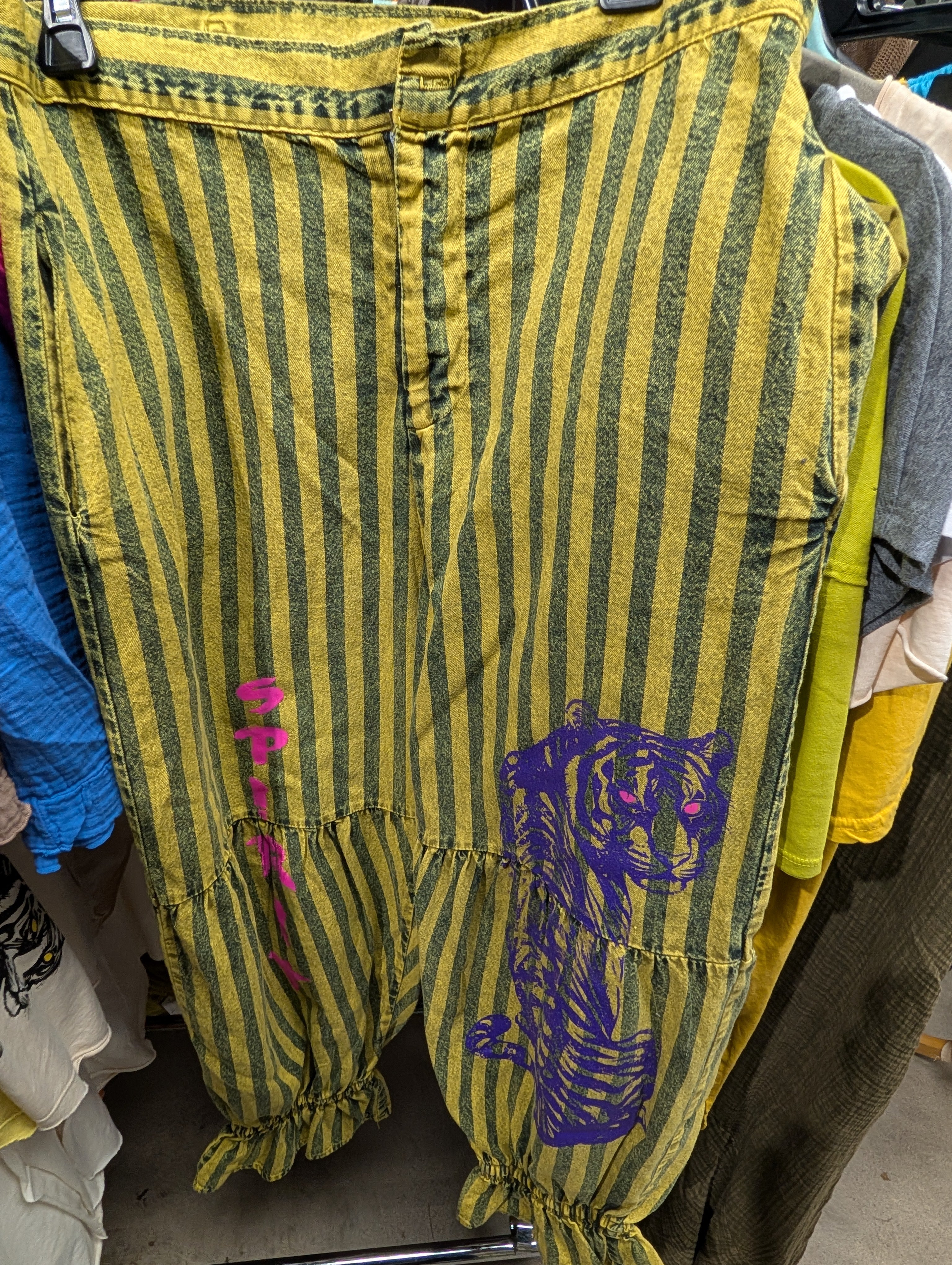 I Love Linen Denim Striped Tiger Pants - chartreuse and green striped wide leg pants with purple tiger graphic
