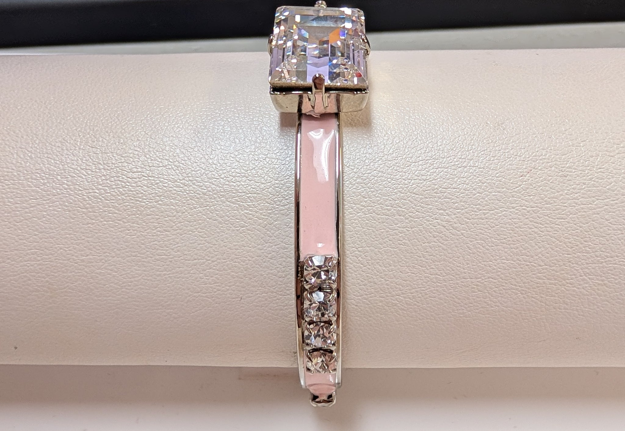Briar Cuff pink enamel and clear crystal bangle - side view