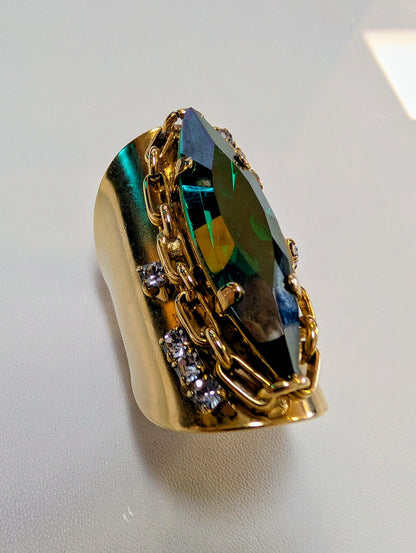 Tova Navi Ring emerald crystal gold chain statement ring - angle view