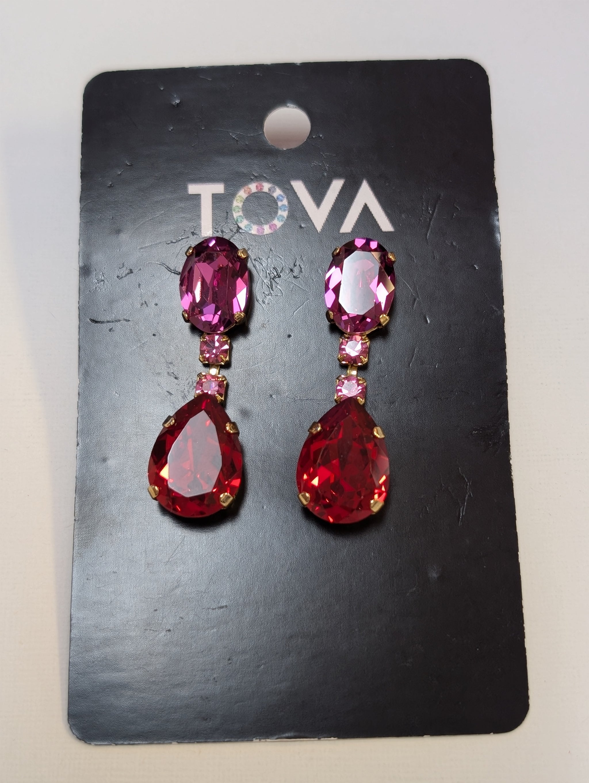 TOVA Mini Maisha Earrings - ruby and amethyst crystal drop earrings in gold on TOVA card