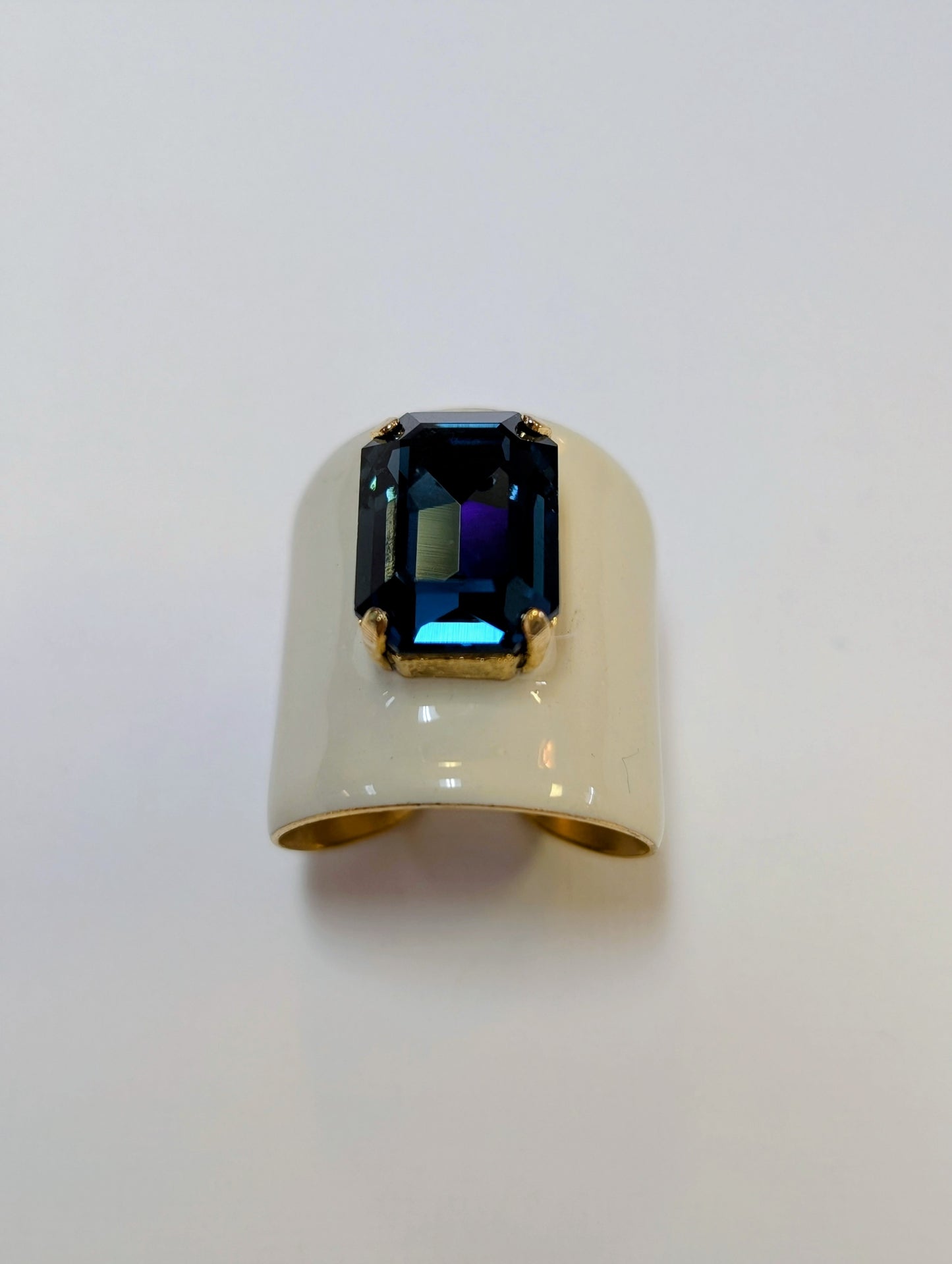 TOVA Mini Roddy Ring in Enamel - ivory enamel cuff ring with blue violet emerald cut crystal in gold