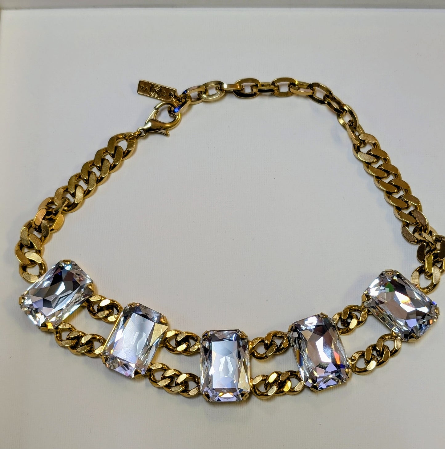 TOVA Sabine Necklace in Clear - oversized emerald cut clear crystals on chunky antique gold curb chain