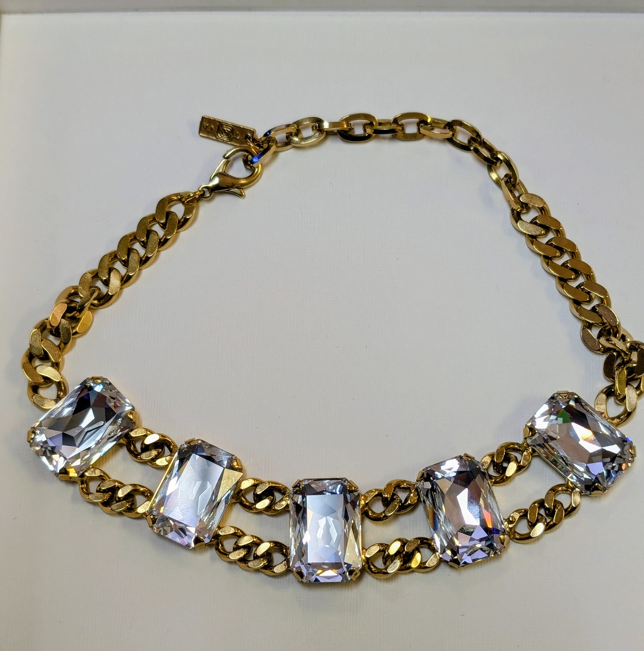 TOVA Sabine Necklace in Clear - oversized emerald cut clear crystals on chunky antique gold curb chain
